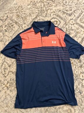 LG Men’s Navy and Coral Striped Performance Polo